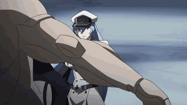 a woman with blue hair and a white hat with a star on it