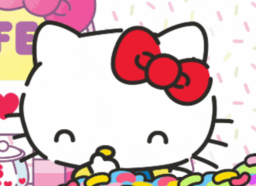 a drawing of hello kitty with hearts in her eyes and a red bow