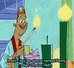 a cartoon of a man holding a torch and saying imani hey we almost named penny that