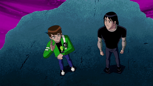 two cartoon characters are standing next to each other and one has a green light