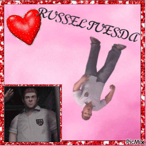 a picture of a man falling in the air with russel tuesda written on it