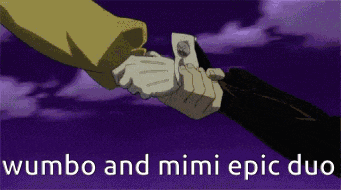 two people shaking hands with the words wumbo and mimi epic duo