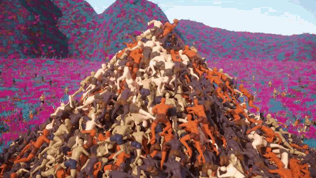 a large pile of naked people are stacked on top of each other in a field