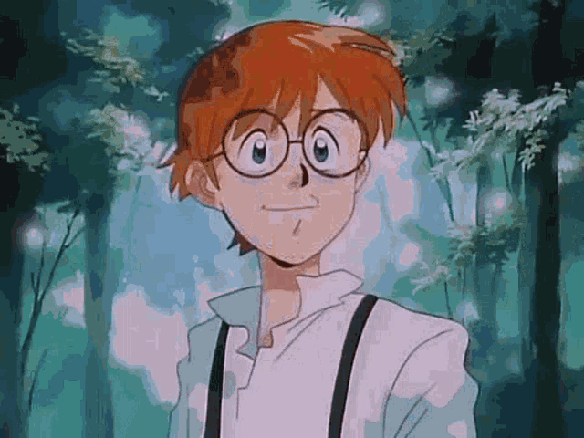 a young boy with red hair and glasses is standing in the woods .