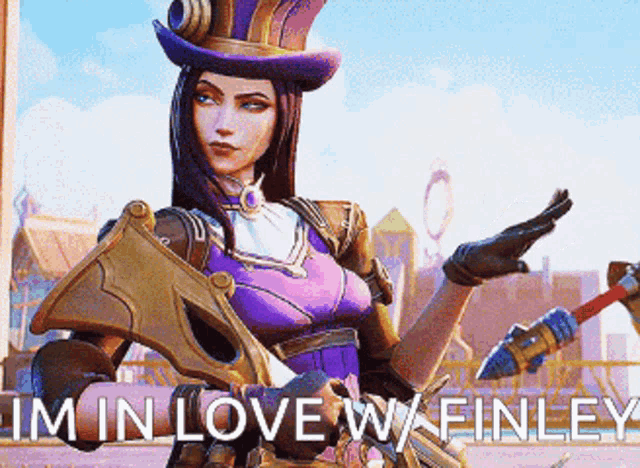 a woman in a top hat is holding a gun with the words i 'm in love with finley behind her