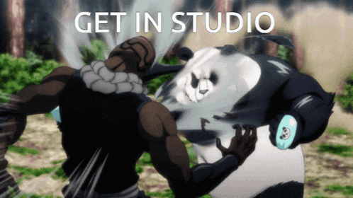 a panda bear is being punched by a man with the words get in studio below it