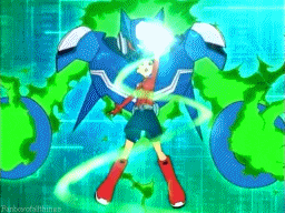 a cartoon character is standing in front of a green monster .