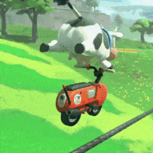 a cow is flying through the air on a motorcycle
