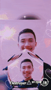 a man is holding a picture of himself in a cube that says destroyer on it