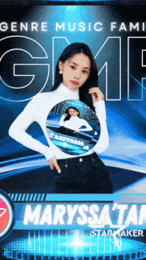 a poster for genre music family shows a woman in a white turtleneck