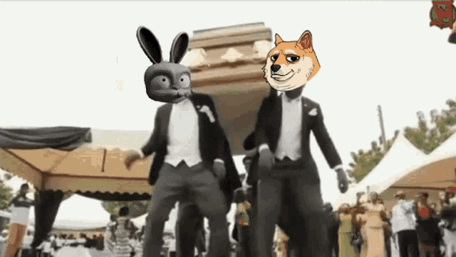 a doge and a rabbit are carrying a coffin