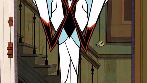 a cartoon drawing of a man standing on a set of stairs with the letter w on his chest