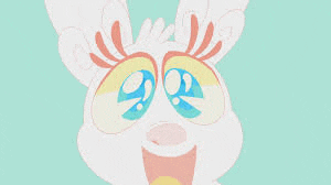 a cartoon rabbit with a surprised look on its face and rainbow eyes .