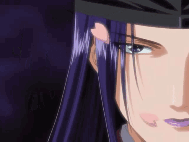 a close up of a person with purple hair and blue eyes