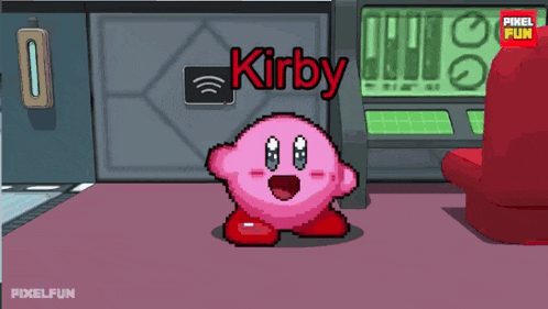 a pixel art of kirby holding a knife in a room