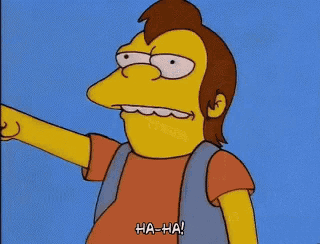 a cartoon character from the simpsons is pointing at a building and saying ha-ha