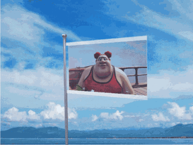 a flag with a picture of a cartoon character on it is flying in the wind