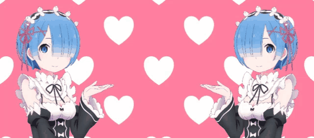 a girl with blue hair is standing in front of white hearts