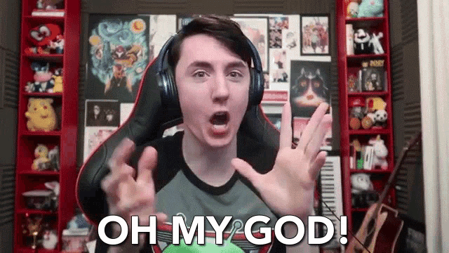 a man wearing headphones is making a funny face and saying oh my god !