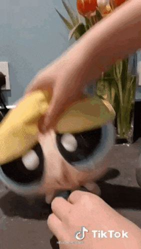 a person is cleaning a stuffed animal with a sponge on a table .