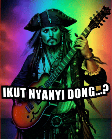 a man in a pirate costume is holding a guitar with the words " ikut nyanyi dong " written below him