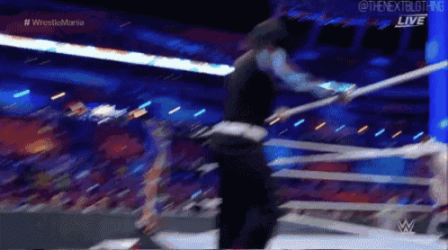 a man is holding a sword in a wrestling ring while a crowd watches .