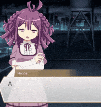 a girl in a purple dress is talking to hanna in a video game
