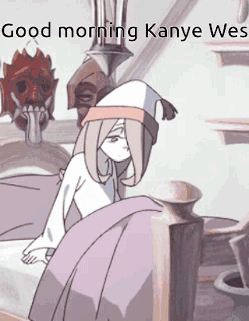 a cartoon of a girl sitting on a bed with the words good morning kanye wes