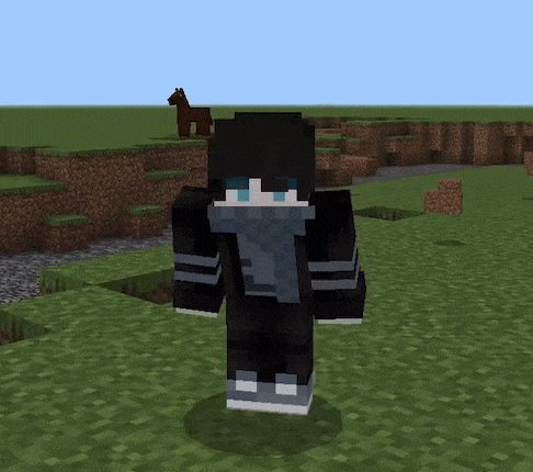 a minecraft character with a scarf around his neck stands in a field with a horse in the background