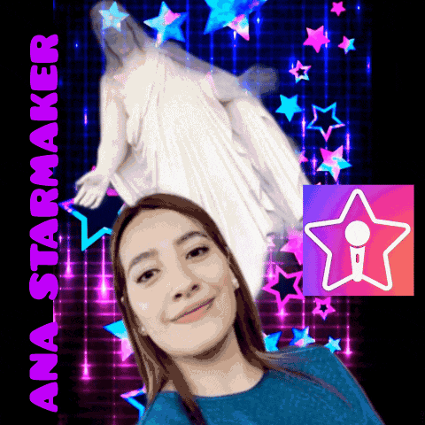 a woman is standing in front of a statue of jesus and the words ana starmaker