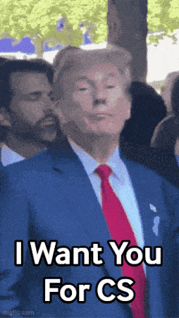 a man in a blue suit and red tie says i want you for cs