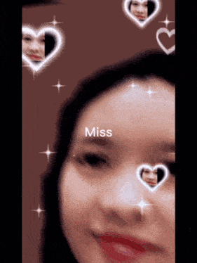 a close up of a woman 's face with hearts around her eyes and the word miss on the bottom
