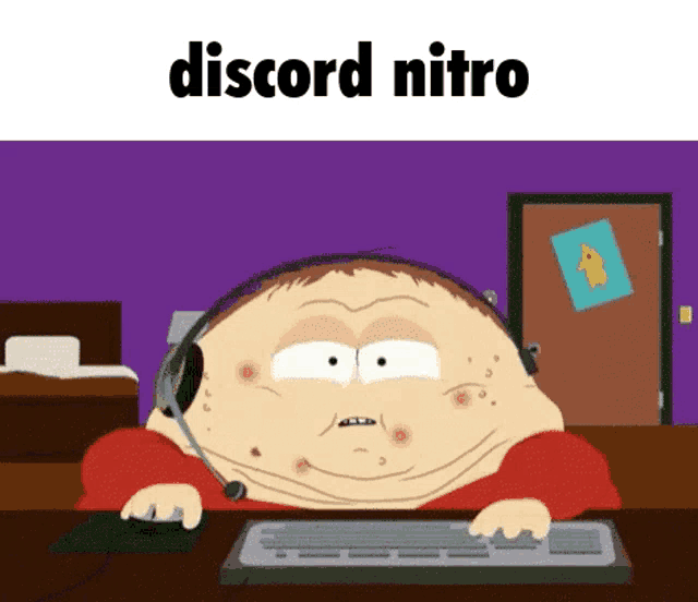 a cartoon character wearing headphones is typing on a keyboard and says discord nitro