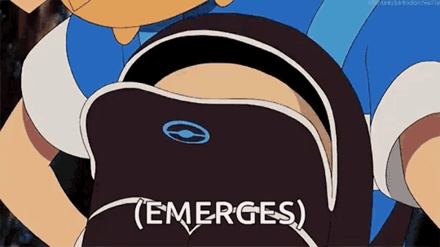 a cartoon character is carrying a backpack and the word emerges is visible on the back of the backpack .