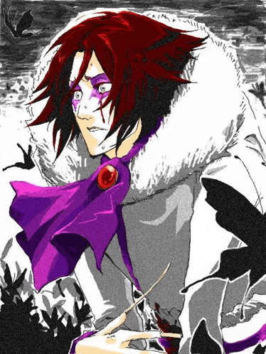 a drawing of a man with red hair and a purple scarf