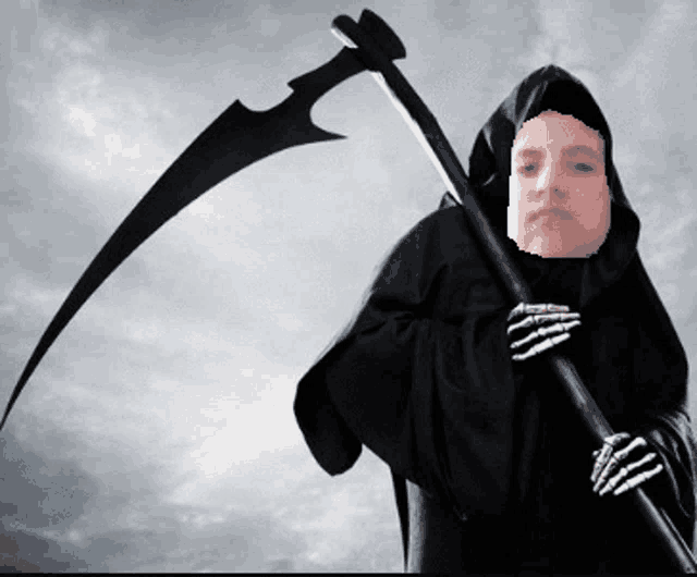 a grim reaper holding a scythe with a face cut out