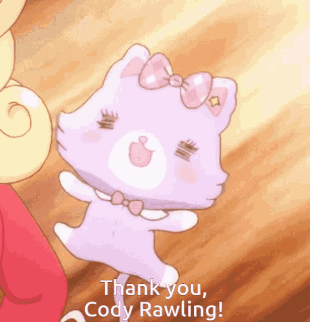 a purple cat with a pink bow and the words thank you cody rawling