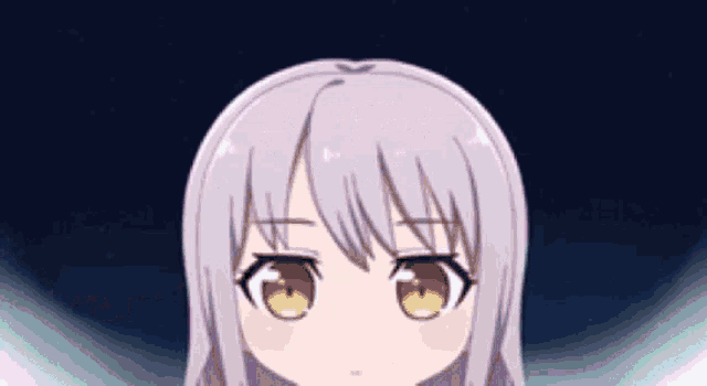 a close up of a anime girl 's face with gray hair and brown eyes