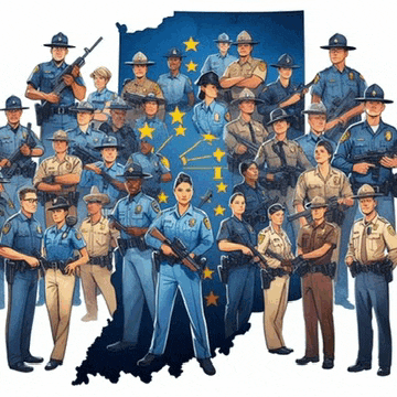 a group of police officers are standing in front of an indiana state flag