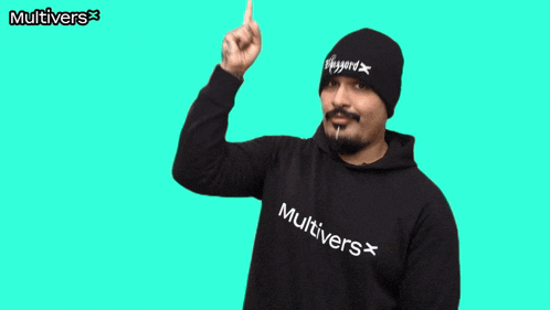 a man wearing a black hoodie with the word multivers on the front