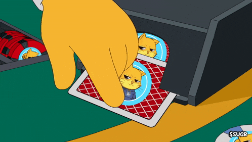 a cartoon of a hand holding two playing cards with cats on them