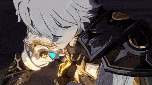 a close up of a cartoon character 's face and armor