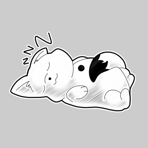 a black and white drawing of a cat sleeping with the letters n and n visible
