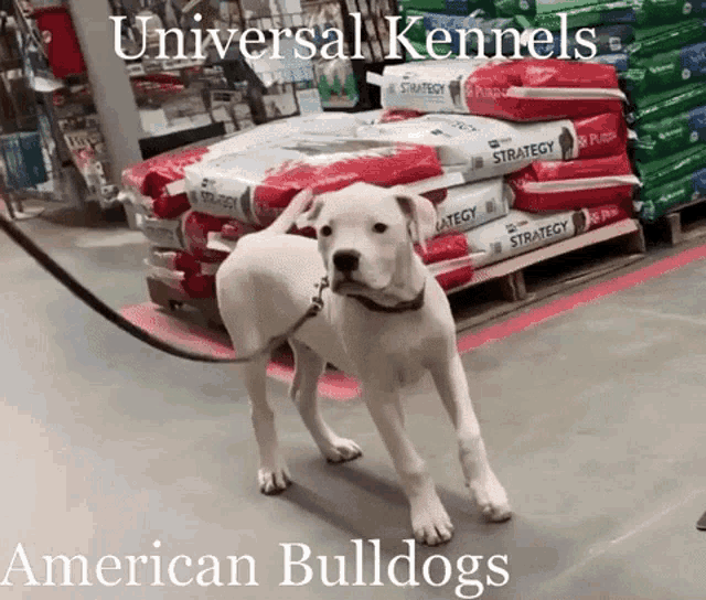 a white dog is standing in front of a pile of strategy dog food bags