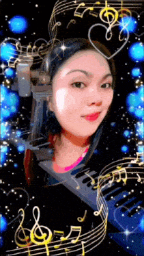 a woman 's face is surrounded by musical notes and a heart