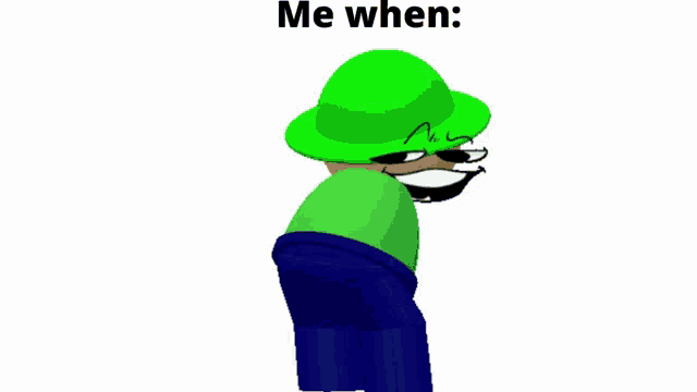a cartoon character wearing a green hat and blue pants is standing in front of a white background .