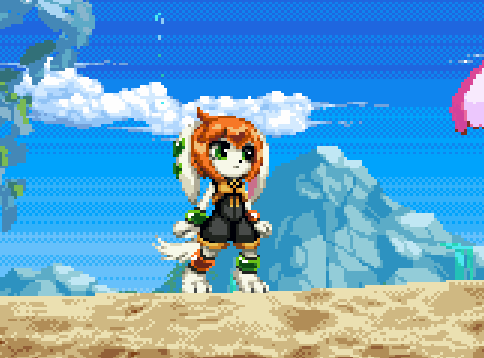 a pixel art of a rabbit standing on a beach with mountains in the background