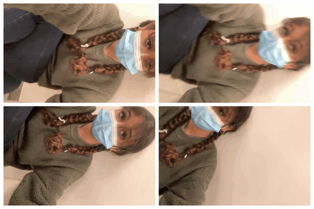 four pictures of a girl wearing a mask on her face