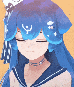 a girl with blue hair and a choker has the letter u on her head