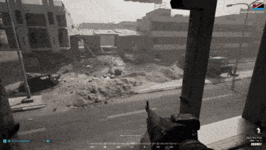 a screenshot of a video game shows a person holding a gun in front of a building